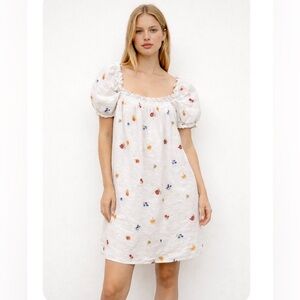Reformation White Linen Puff Sleeve Fruit Embroidered Mini Dress